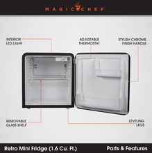 Load image into Gallery viewer, Magic Chef 1.6 CU. FT. RETRO MINI REFRIGERATOR IN BLACK, WITHOUT FREEZER