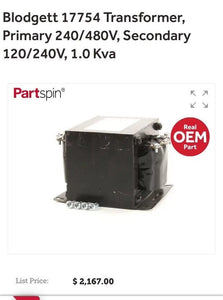 Blodgett 17754 Transformer, Primary 240/480V, Secondary 120/240V, 1.0 Kva