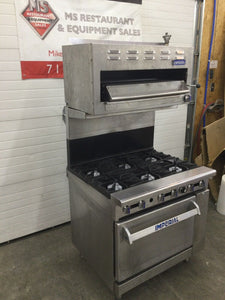 IMPERIAL IR-6 / IRSB-36 ON TOP, 36" 6 BURNER GAS RANGE/OVEN/SALAMANDER BROILER