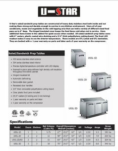 Adcraft USSL-2D U-Star 2 Door Pizza/Salad/Sandwich Prep Table Tested & Working!