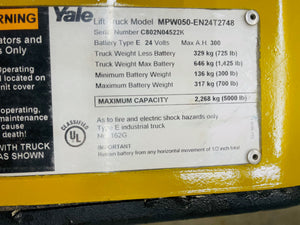 2012 Yale MPW050 5000 LB Electric Walkie Pallet Jack 1195 HRS