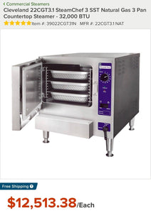 Cleveland 22CGT3.1 SteamChef 3 SST Natural Gas 3 Pan Countertop Steamer 32k BTU