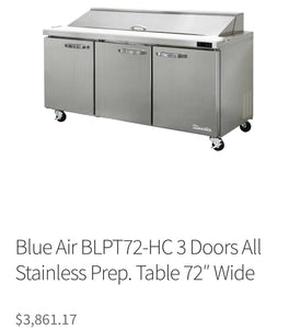 Blue Air BLPT72-HC 3 Doors All Stainless Prep. Table 72” Fully Refurbished!