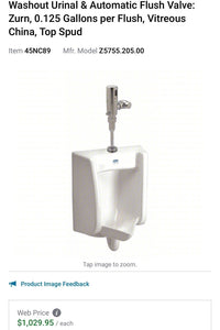 ZURN Siphon Jet Urinal, 0.125 gpf, Wall Mount, Auto Flush Valve