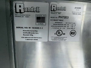 Randell PH72e3 72” Sandwich Subs Deli Pizza Refrigerated Prep Table