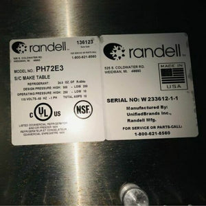 Randell PH72E3 72" Sandwich Subs Deli Pizza Refrigerated Prep Make Table